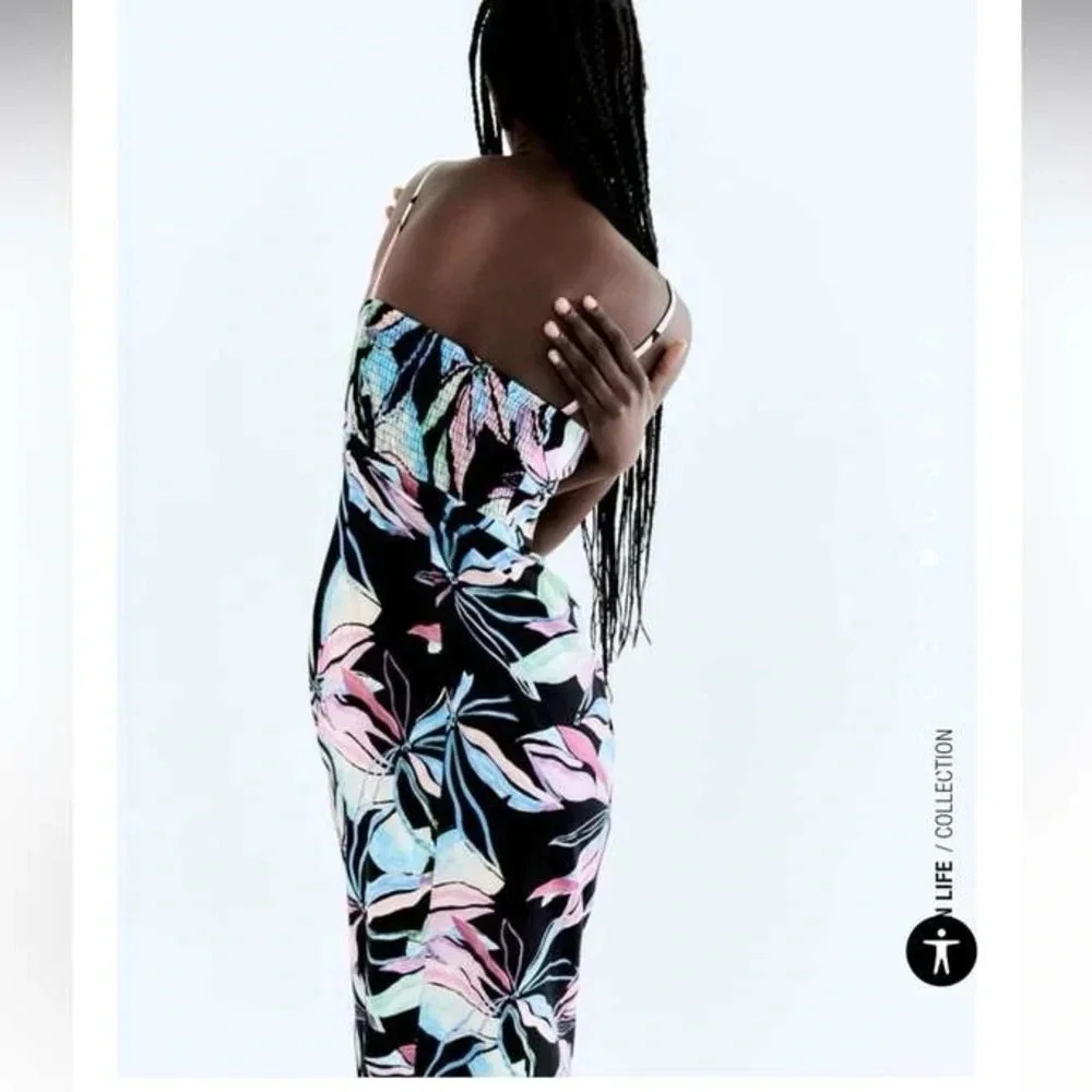 EUC Zara Linen Blend Tropical Print Corset Ruched Midi Dress Size Medium - Picture 6 of 17